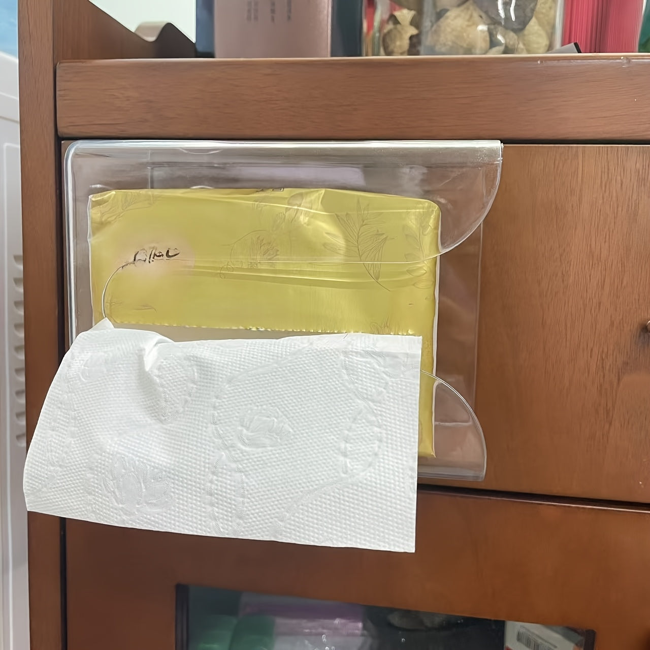 1pc Clear Wall-Mounted Tissue Box Holder - No Drill Adhesive Bathroom & Kitchen Organizer, Transparent Square Storage Cabinet with Damage-Free Installation, Space-Saving Modern Minimalist design for Living Room, Office - Holds Standard Tissues, Bathroom