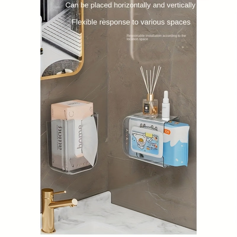 Easy Install No Drill Self-Adhesive Luxury Square Plastic Tissue Holder - Strong Load-Bearing Clear Modern Wall-Mounted Bathroom Storage Box with Large Opening for Face Towels & Wet Wipes, Home & Commercial Use, Towel Holder for Bathroom, Sleek Design,