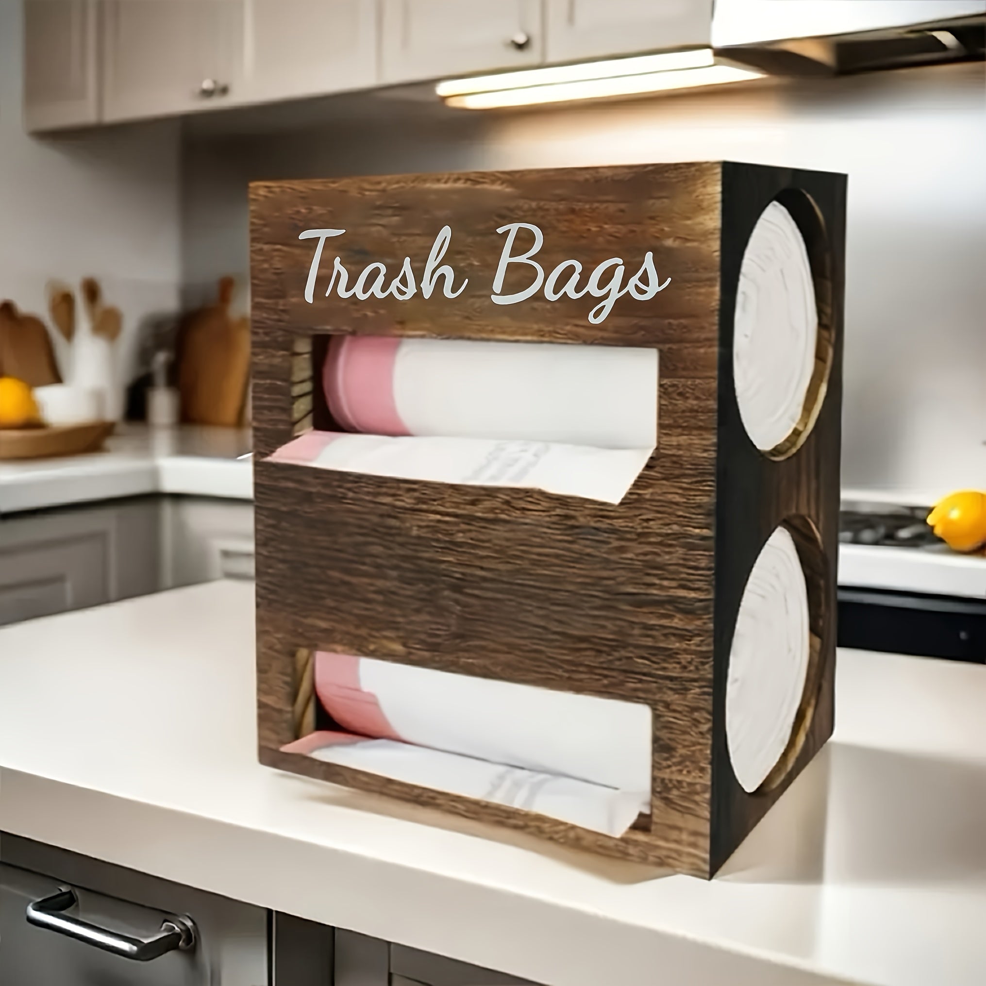 IDUK 2-in-1 Trash Bag & Tissue Holder Organizer - Wall-Mounted or Desktop Storage Box with Dual Compartments, Durable Wooden Kitchen Organizer for Countertop, Bathroom, Office - Space-Saving Home Storage Solution