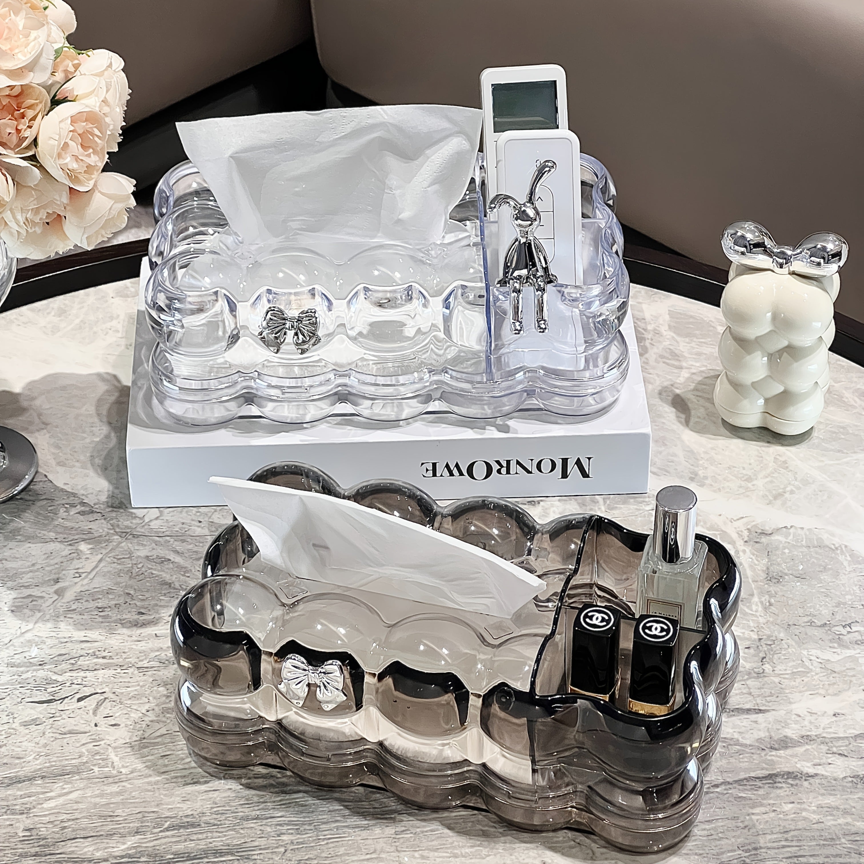 1pc Elegant Clear Plastic Tissue Box Holder with Two Storage Compartments and Rabbit Accents - Cloud-shaped Home Decor Storage Box for Living Room, Bedroom, Office, Kitchen, and Dining Area Storage and Decor