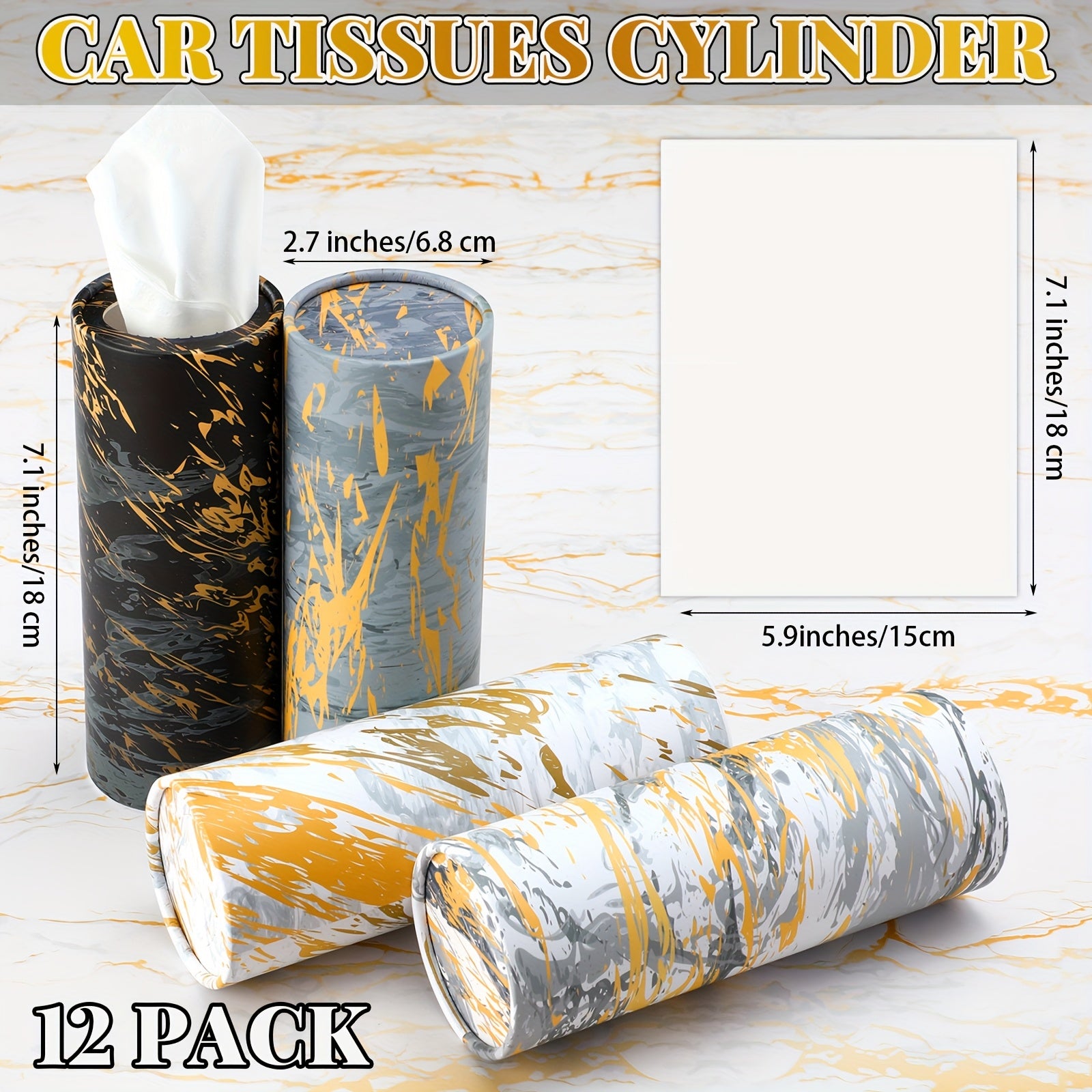 12-Pack Marble Pattern Tissue Holder Cylinder - Black/White/Gray/Beige/, Space-Saving Vertical Organizer for Car, Home, Office, Bathroom - Compatible with Facial Tissues & Napkins - Elegant Marble Design Decorative Storage Container, Tissue Holder for