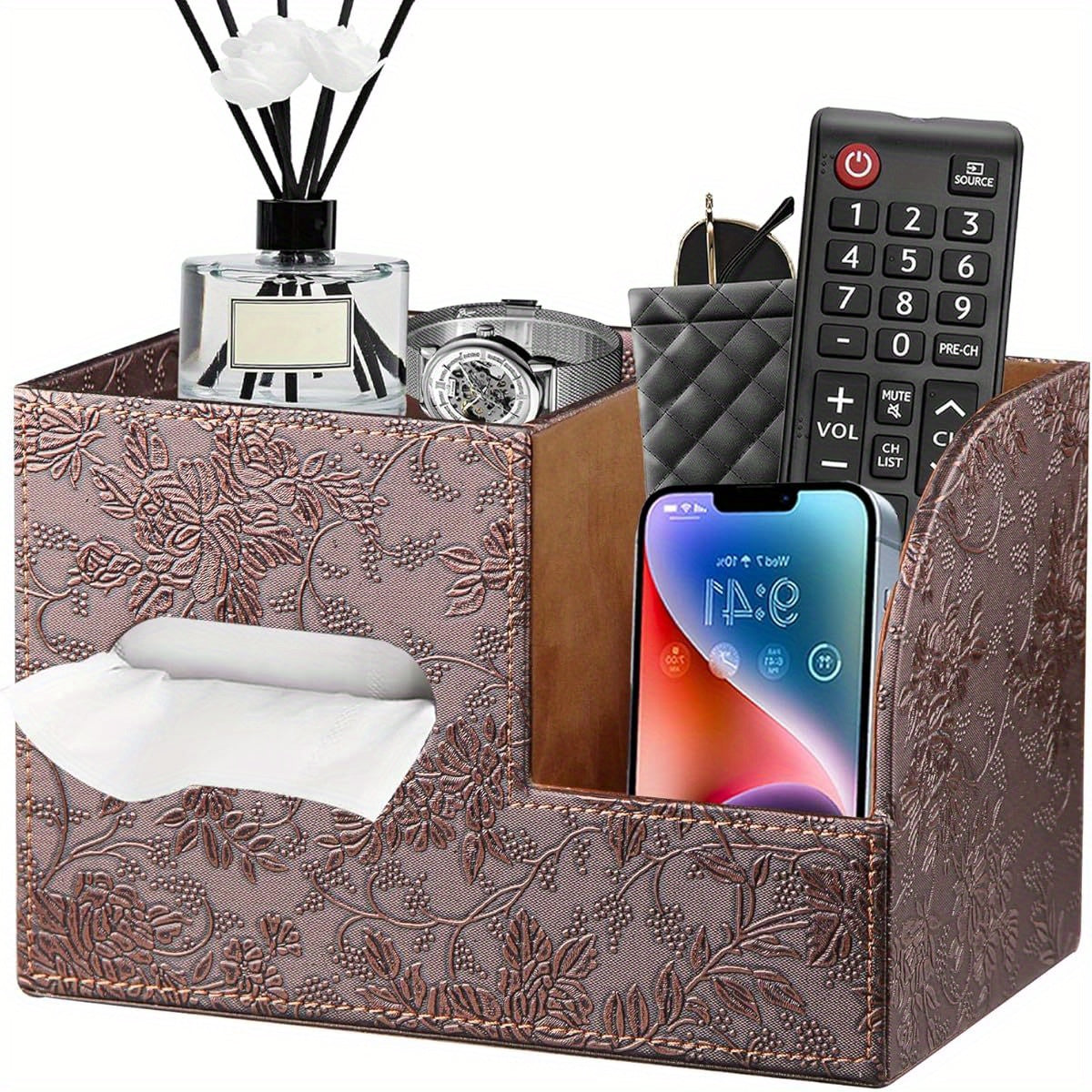 Modern Faux Leather Tissue Box Cover with Storage Tray – Stylish Facial Paper Organizer for Bathroom, Vanity, or Nightstand, Includes Remote Control Holder and Perfume Bottle, Bathroom Organizers And Storage