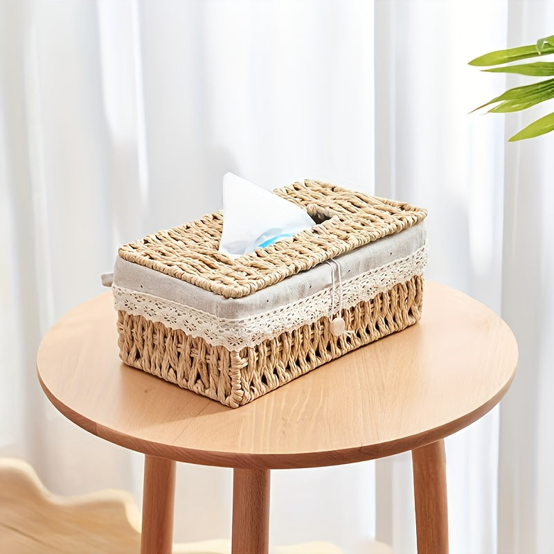 Creative Woven Tissue Paper Storage Box, Hand Woven Grass Woven Tissue Paper Box, Portable Napkin Storage Box, Suitable for Home And Office, Home Organization