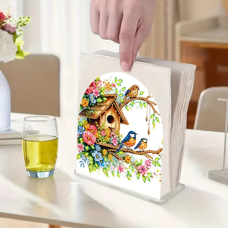 A Diamond Painting Tissue Box Decoration, Floral Bird Pattern Tissue Holder - Stylish Desktop Accessory, Suitable for Kitchen, Restaurant and Bar Sturdy Tissue Box - Home Party and Restaurant Decoration