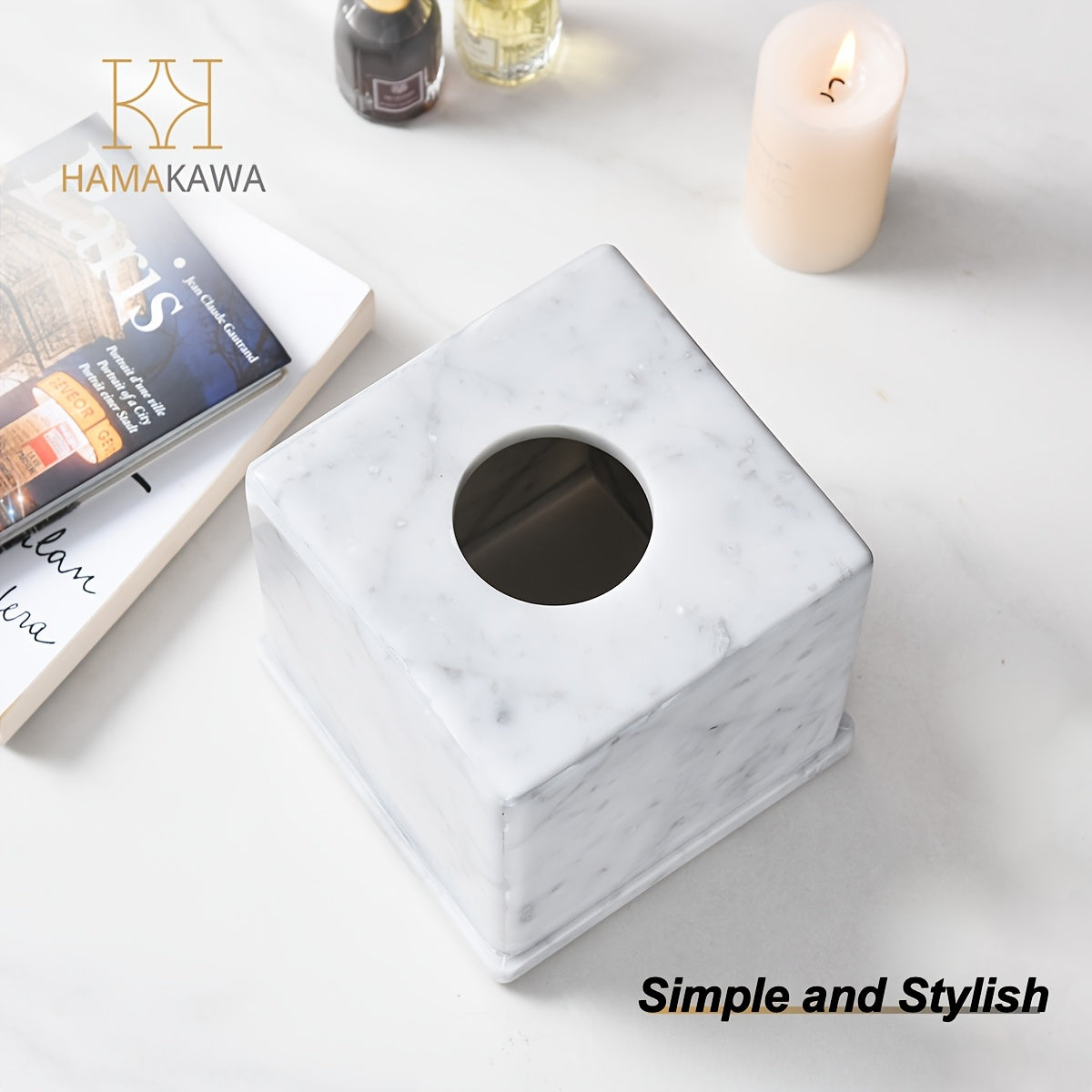 1pc Marble Tissue Box Cover, Carrara White Tissue Organizer 6 X 6 X 5.7 Inch, Heavy Stone Decorative Box, Square Tissue Box Holder For Home Decor, Kitchen, Bathroom