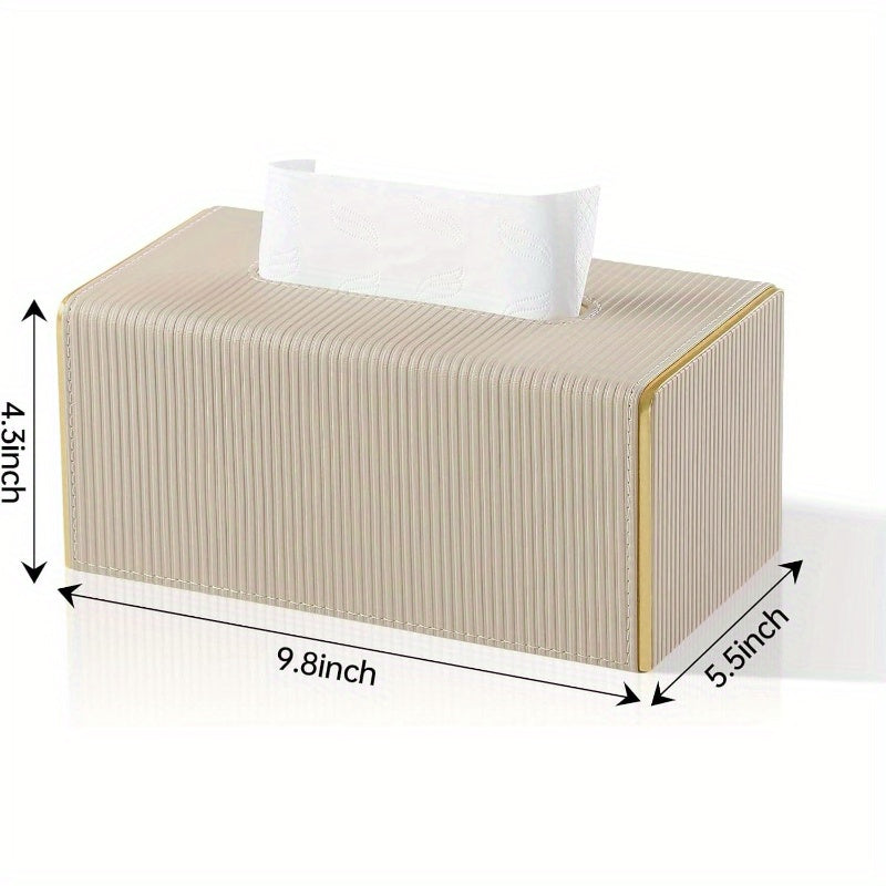 Modern Rectangular PU Leather Tissue Box Cover with Magnetic Closure & Golden Trim - Beige Decorative Bathroom/Kitchen/Entryway Tissue Holder, Durable Rectangular Design with Rounded Corners, Fits Standard Tissues, Easy-Clean Surface (1203-Ply1602),