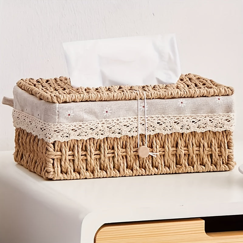 Creative Woven Tissue Paper Storage Box, Hand Woven Grass Woven Tissue Paper Box, Portable Napkin Storage Box, Suitable for Home And Office, Home Organization