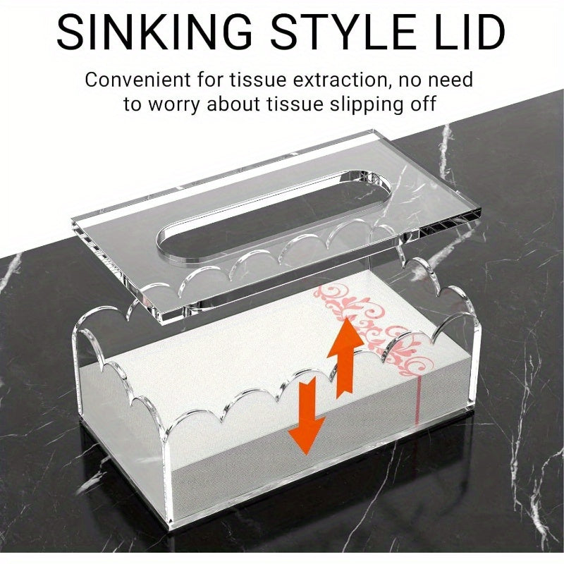 Clear Acrylic Tissue Box Cover Holder with Non-Slip Lid - Heavy-Duty 8mm Thick Rectangular Napkin Dispenser Organizer, Fits Standard Tissue Boxes, Modern White & Black Design for Bathroom, Office, Kitchen Countertop Storage (8.9"x4.9"x2.9") -