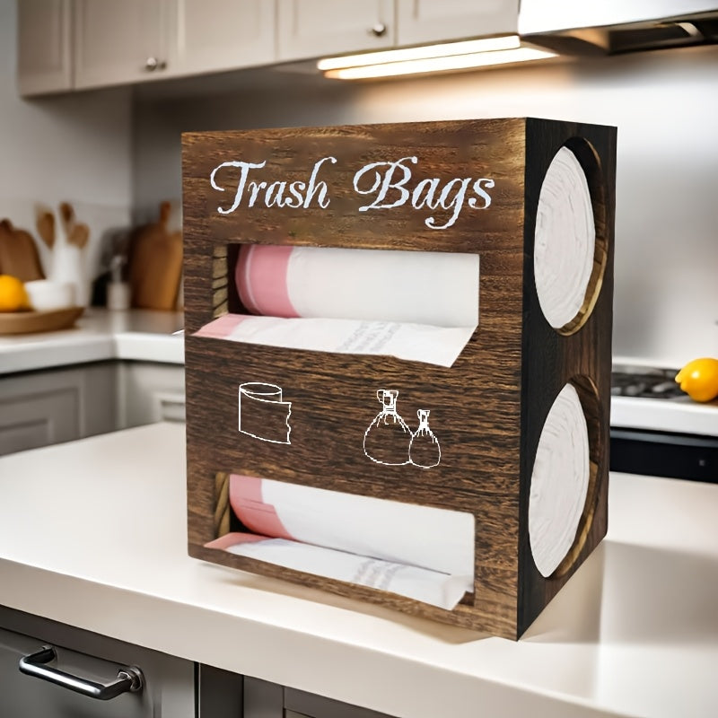 IDUK 2-in-1 Trash Bag & Tissue Holder Organizer - Wall-Mounted or Desktop Storage Box with Dual Compartments, Durable Wooden Kitchen Organizer for Countertop, Bathroom, Office - Space-Saving Home Storage Solution