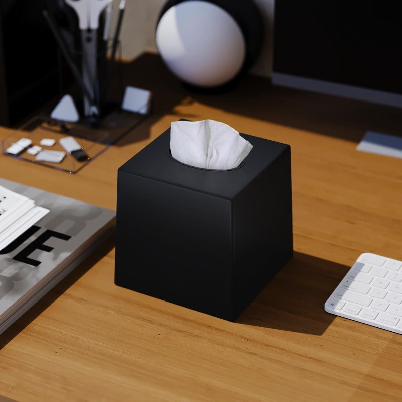 2-Pack Black Tissue Box Covers - Modern Minimalist Square Dispenser, Decorative Facial Tissue Holder for Living Room, Office, Bathroom, Kitchen - Compatible with Standard Tissues, Space-Saving Organizer (5, 5x5, 5x5, 6in) - Ideal for Home, Desk, or