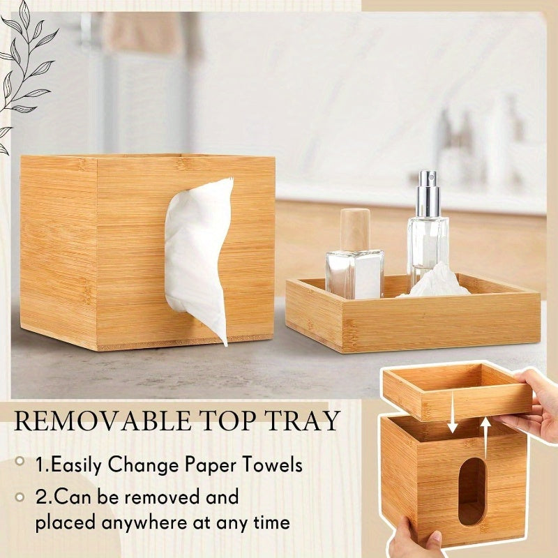 Bamboo Tissue Box Cover with Storage Tray - 6x6x7.4 Inch Decorative Cube Organizer, Natural Wood Tissue Holder for Office & Bedroom, Home Decor Gift