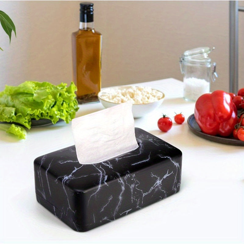 1pc Black Marble Tissue Box Holder & Napkin Dispenser with Golden Veins - Modern Rectangular White Marble Top, Glossy Faux Marble Design, Space-Saving Organizer for Bathroom, Bedroom, Kitchen, or Restaurant - Durable & Easy-Clean Surface, Crystal