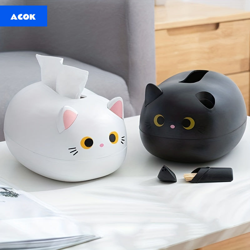 1pc Cute Cat Tissue Box Holder - Kitty Bathroom or Living Room Decor, with Tissue Dispenser Slot, Durable Plastic Construction, White & Black Cat Design for Home, Office, or Gift for Cat Lovers, Office Desk Accessory, Playful Decor Item, Cartoon Animal