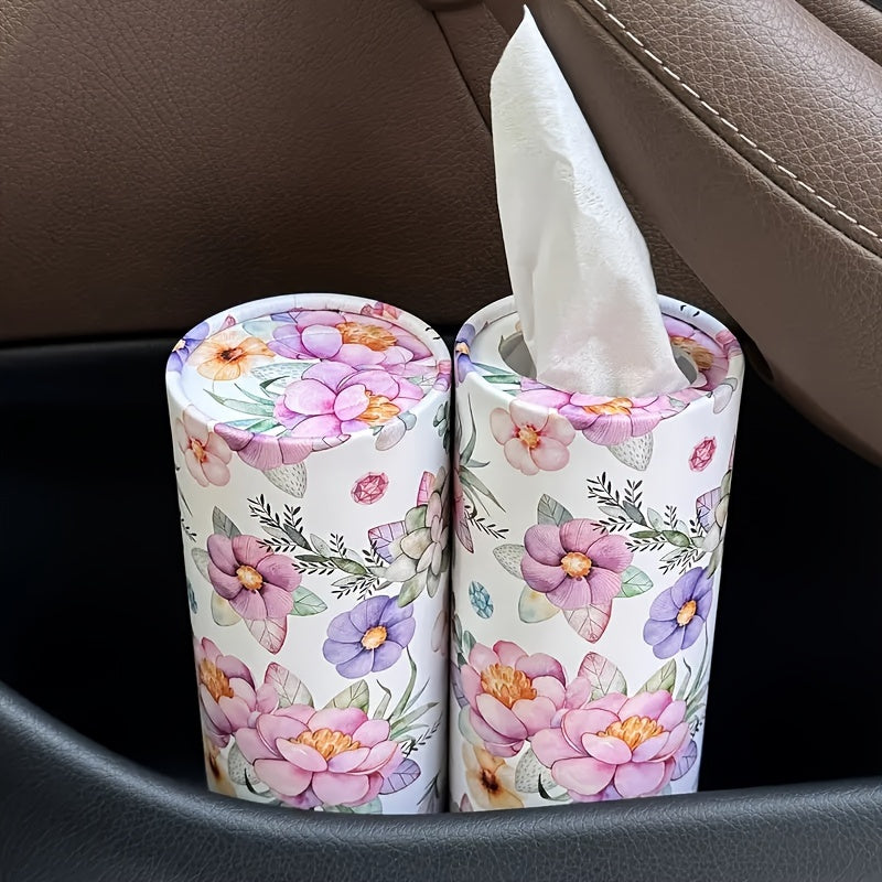 [White Flowers Tissue Holder] White Flowers Car Tissues Box Holder - 1pc Travel Tissue Cylinder for Car Cup Holder and Home Dining Table