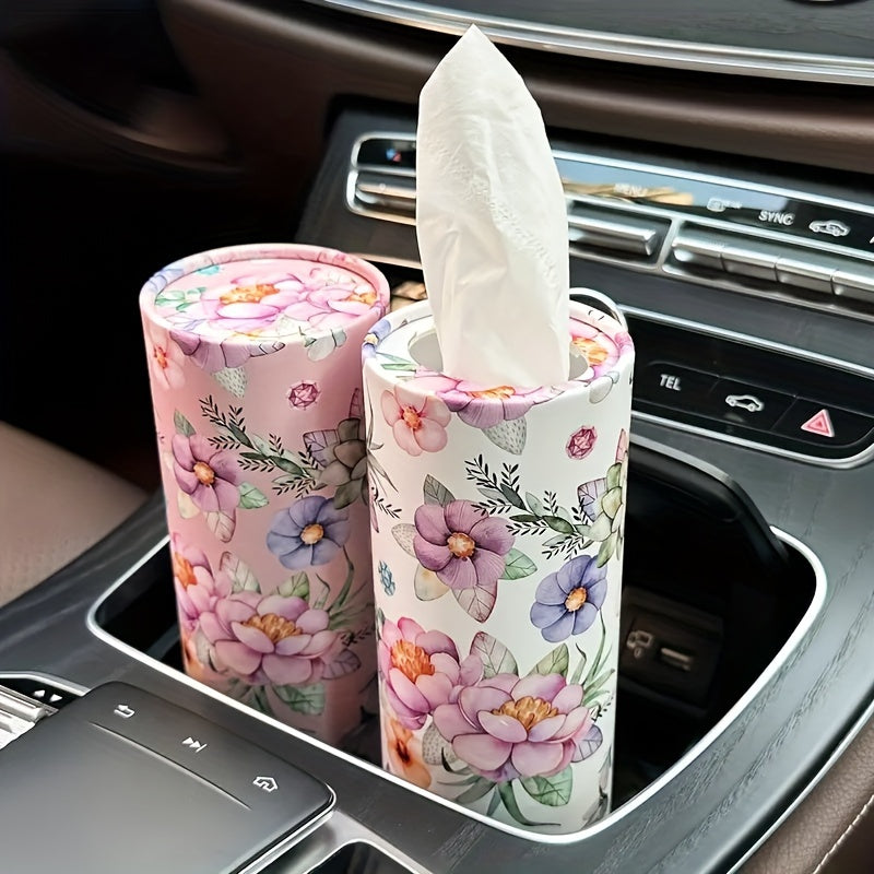[White Flowers Tissue Holder] White Flowers Car Tissues Box Holder - 1pc Travel Tissue Cylinder for Car Cup Holder and Home Dining Table