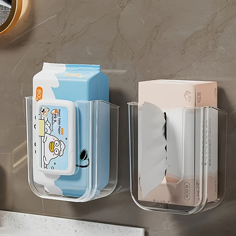 Easy Install No Drill Self-Adhesive Luxury Square Plastic Tissue Holder - Strong Load-Bearing Clear Modern Wall-Mounted Bathroom Storage Box with Large Opening for Face Towels & Wet Wipes, Home & Commercial Use, Towel Holder for Bathroom, Sleek Design,