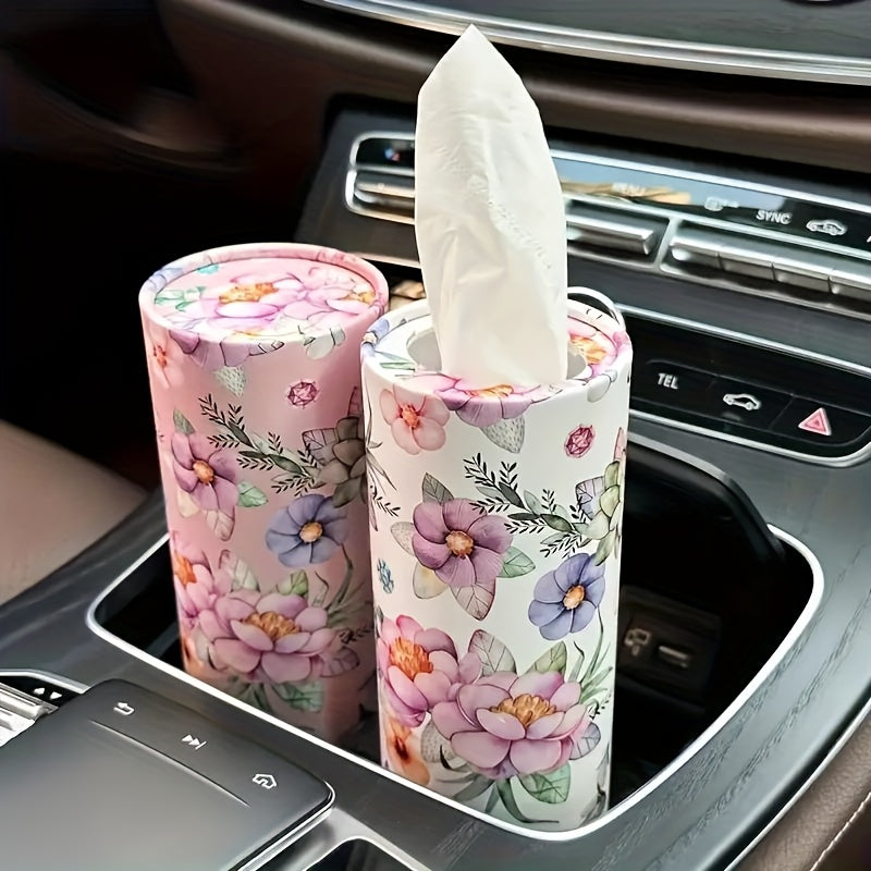 [White Flowers Tissue Holder] White Flowers Car Tissues Box Holder - 1pc Travel Tissue Cylinder for Car Cup Holder and Home Dining Table