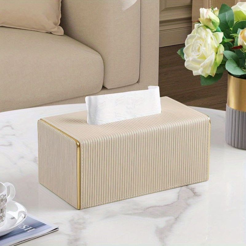 Modern Rectangular PU Leather Tissue Box Cover with Magnetic Closure & Golden Trim - Beige Decorative Bathroom/Kitchen/Entryway Tissue Holder, Durable Rectangular Design with Rounded Corners, Fits Standard Tissues, Easy-Clean Surface (1203-Ply1602),