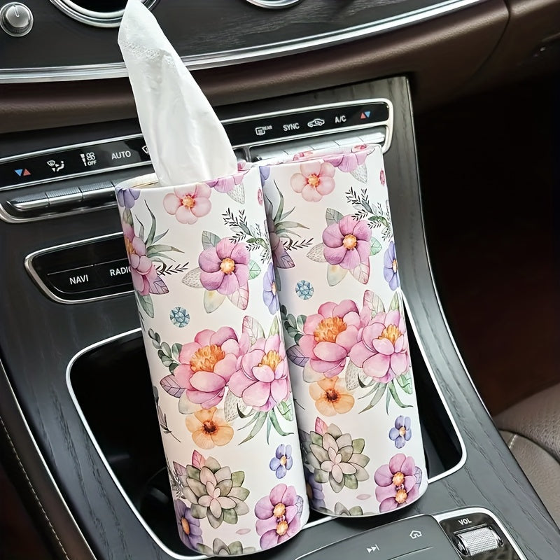 [White Flowers Tissue Holder] White Flowers Car Tissues Box Holder - 1pc Travel Tissue Cylinder for Car Cup Holder and Home Dining Table