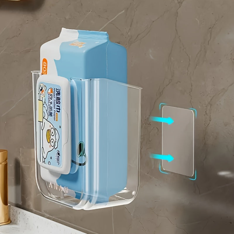 Easy Install No Drill Self-Adhesive Luxury Square Plastic Tissue Holder - Strong Load-Bearing Clear Modern Wall-Mounted Bathroom Storage Box with Large Opening for Face Towels & Wet Wipes, Home & Commercial Use, Towel Holder for Bathroom, Sleek Design,