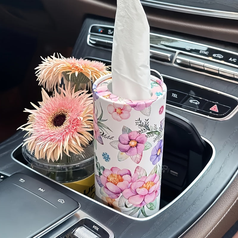 [White Flowers Tissue Holder] White Flowers Car Tissues Box Holder - 1pc Travel Tissue Cylinder for Car Cup Holder and Home Dining Table