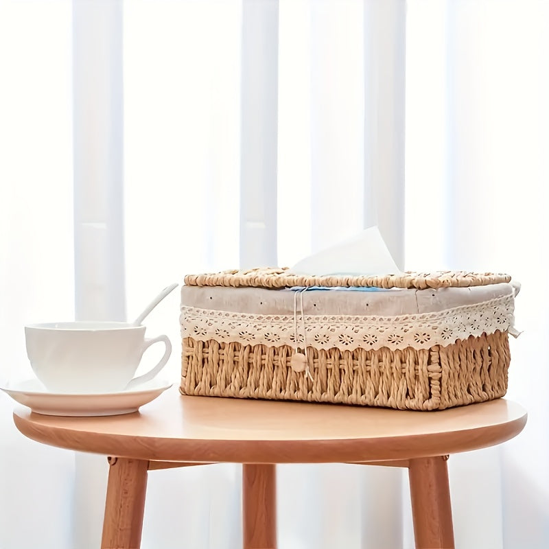 Creative Woven Tissue Paper Storage Box, Hand Woven Grass Woven Tissue Paper Box, Portable Napkin Storage Box, Suitable for Home And Office, Home Organization