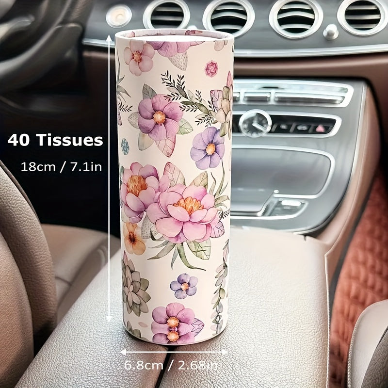 [White Flowers Tissue Holder] White Flowers Car Tissues Box Holder - 1pc Travel Tissue Cylinder for Car Cup Holder and Home Dining Table