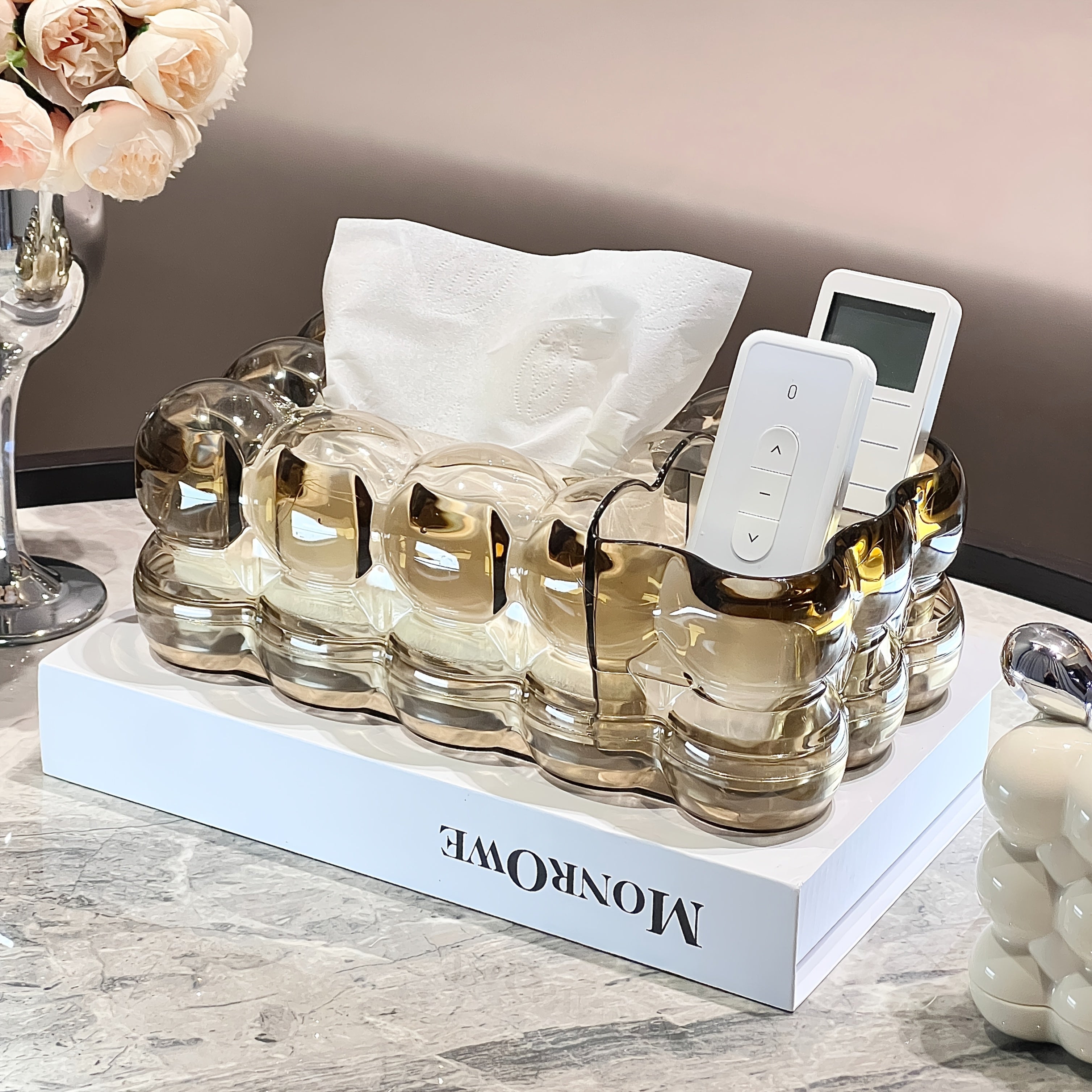 1pc Elegant Clear Plastic Tissue Box Holder with Two Storage Compartments and Rabbit Accents - Cloud-shaped Home Decor Storage Box for Living Room, Bedroom, Office, Kitchen, and Dining Area Storage and Decor