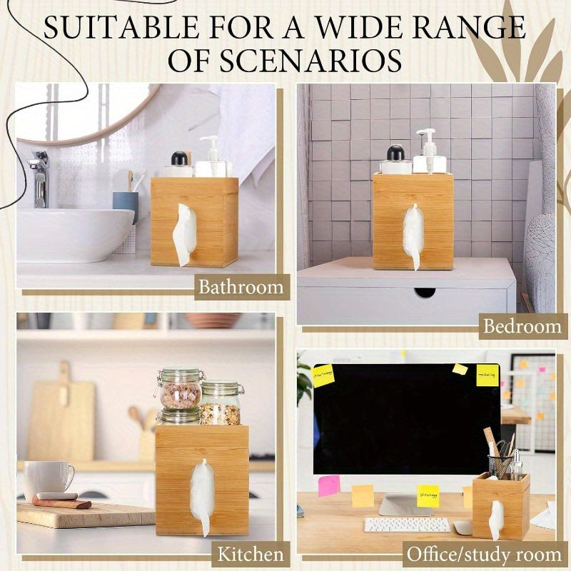 Bamboo Tissue Box Cover with Storage Tray - 6x6x7.4 Inch Decorative Cube Organizer, Natural Wood Tissue Holder for Office & Bedroom, Home Decor Gift