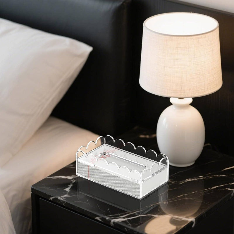 Clear Acrylic Tissue Box Cover Holder with Non-Slip Lid - Heavy-Duty 8mm Thick Rectangular Napkin Dispenser Organizer, Fits Standard Tissue Boxes, Modern White & Black Design for Bathroom, Office, Kitchen Countertop Storage (8.9"x4.9"x2.9") -