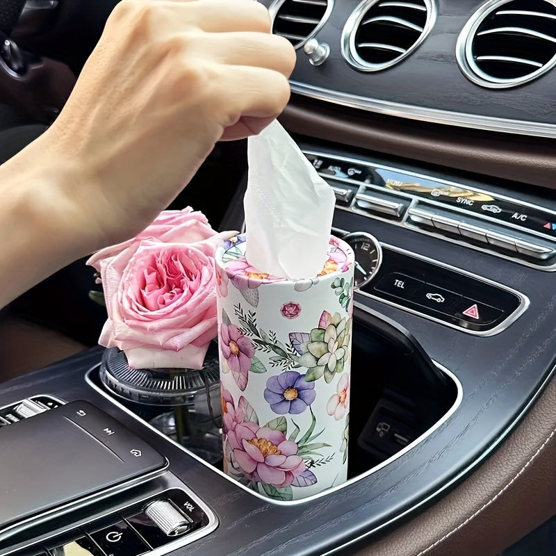 [White Flowers Tissue Holder] White Flowers Car Tissues Box Holder - 1pc Travel Tissue Cylinder for Car Cup Holder and Home Dining Table