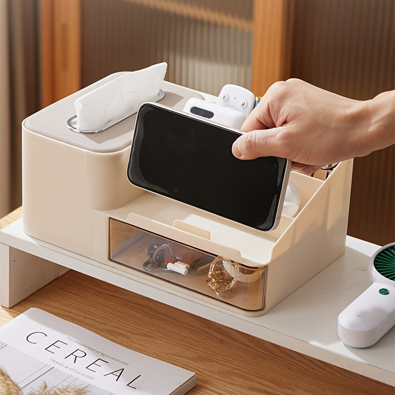 1pc Desktop Multifunctional Tissue Storage Box Mobile Phone Holder Cosmetic Storage Rack Pen Glasses Remote Control Holder Drawer Design Bar Counter Storage Rack Bedroom Living Room Organizer Grid Classification Storage Box