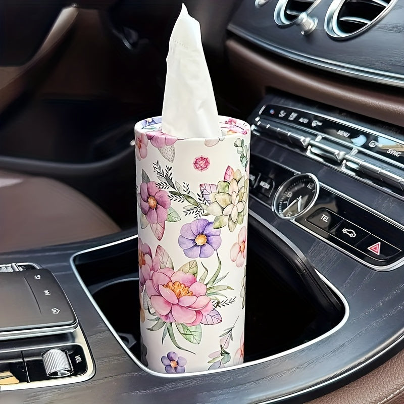 [White Flowers Tissue Holder] White Flowers Car Tissues Box Holder - 1pc Travel Tissue Cylinder for Car Cup Holder and Home Dining Table