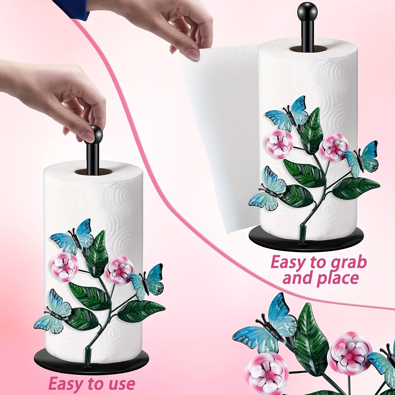 Metal Tissue Box Holder with Floral Butterfly Design - Iron Countertop Decor for Kitchen, Bathroom, Living Room - Decorative Paper Towel Dispenser with Sturdy Base