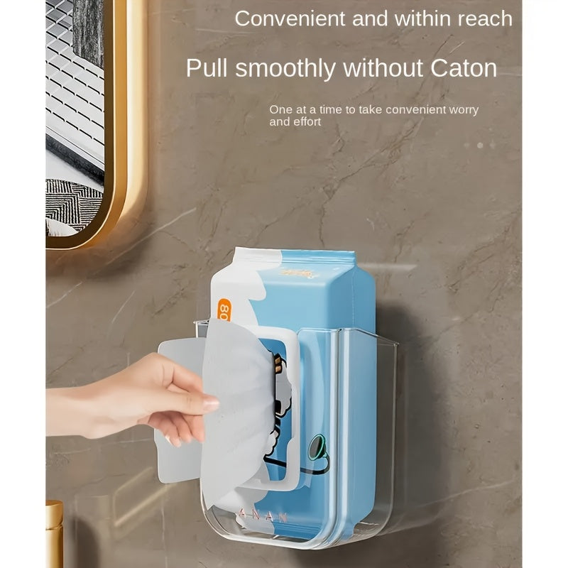 Easy Install No Drill Self-Adhesive Luxury Square Plastic Tissue Holder - Strong Load-Bearing Clear Modern Wall-Mounted Bathroom Storage Box with Large Opening for Face Towels & Wet Wipes, Home & Commercial Use, Towel Holder for Bathroom, Sleek Design,