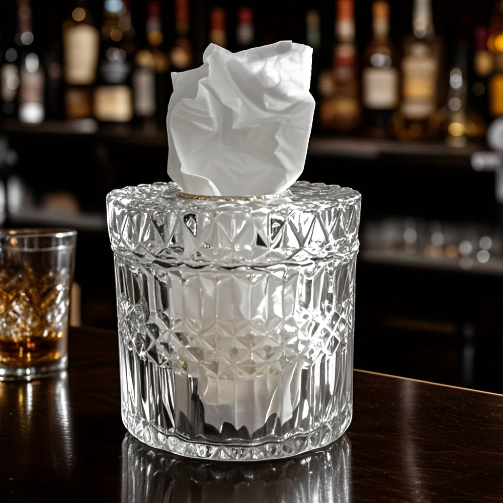 1pc Crystal Glass Tissue Box Holder, Modern Diamond Cut Luxury Texture, Transparent with Lid, Easy to Clean, Ideal for Home, Wedding, Festival, Office Desktop Decor, Festive Gift Item|Modern Decor Item|Crystal Glass Box