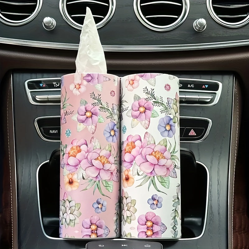 [White Flowers Tissue Holder] White Flowers Car Tissues Box Holder - 1pc Travel Tissue Cylinder for Car Cup Holder and Home Dining Table