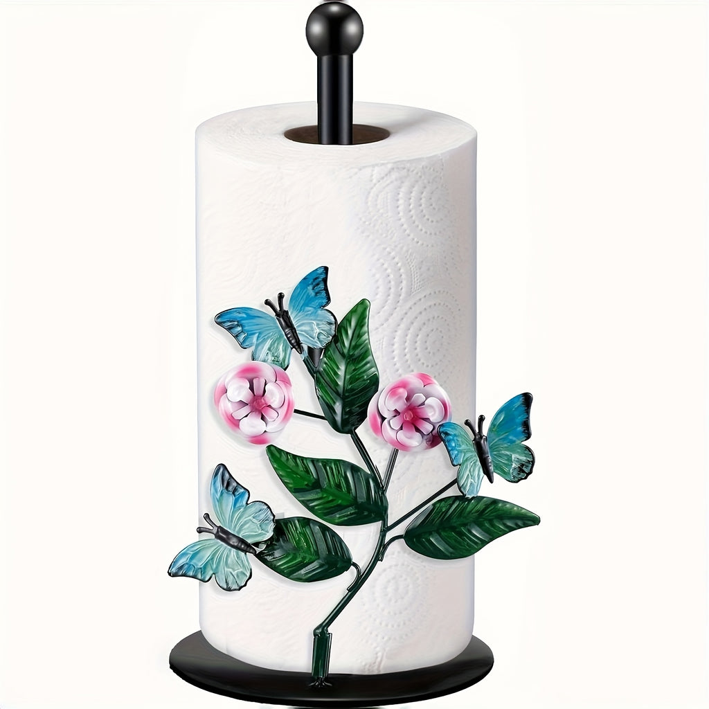 Metal Tissue Box Holder with Floral Butterfly Design - Iron Countertop Decor for Kitchen, Bathroom, Living Room - Decorative Paper Towel Dispenser with Sturdy Base