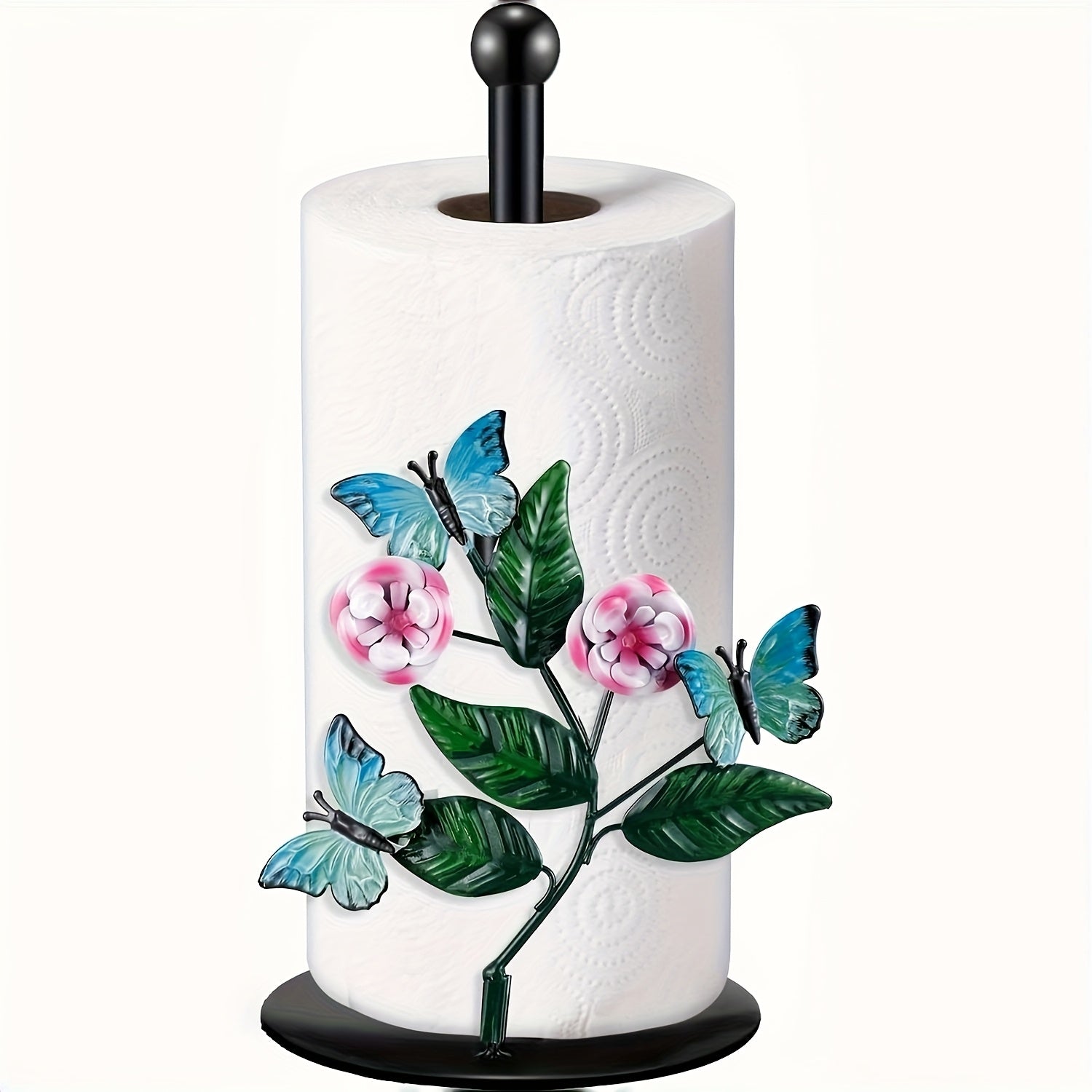 Metal Tissue Box Holder with Floral Butterfly Design - Iron Countertop Decor for Kitchen, Bathroom, Living Room - Decorative Paper Towel Dispenser with Sturdy Base