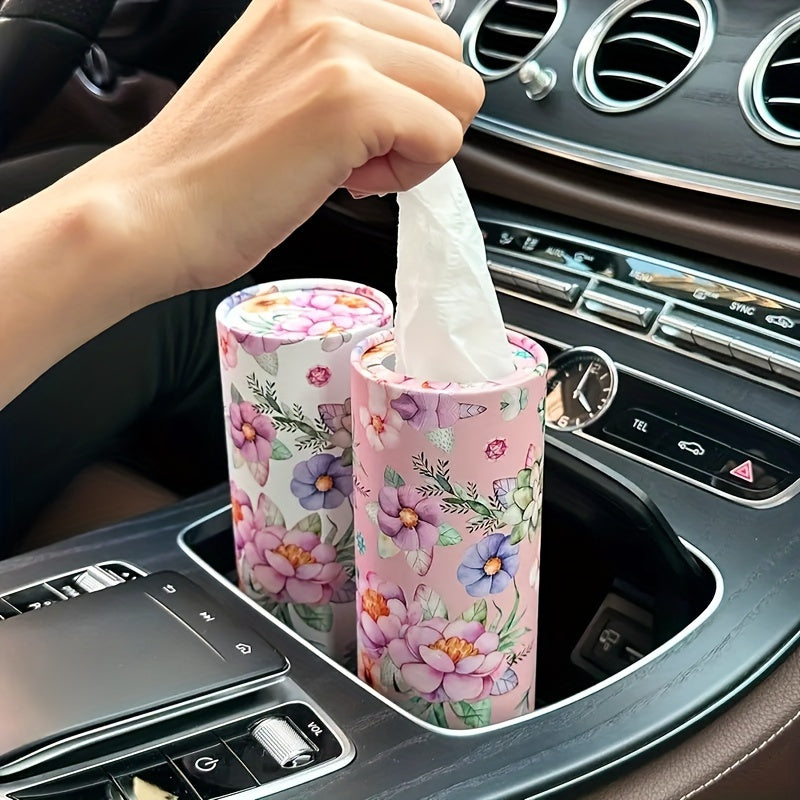 [White Flowers Tissue Holder] White Flowers Car Tissues Box Holder - 1pc Travel Tissue Cylinder for Car Cup Holder and Home Dining Table