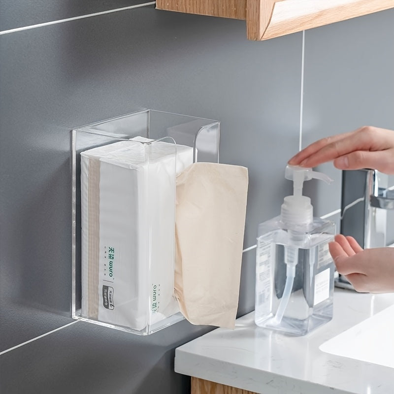 1pc Clear Wall-Mounted Tissue Box Holder - No Drill Adhesive Bathroom & Kitchen Organizer, Transparent Square Storage Cabinet with Damage-Free Installation, Space-Saving Modern Minimalist design for Living Room, Office - Holds Standard Tissues, Bathroom